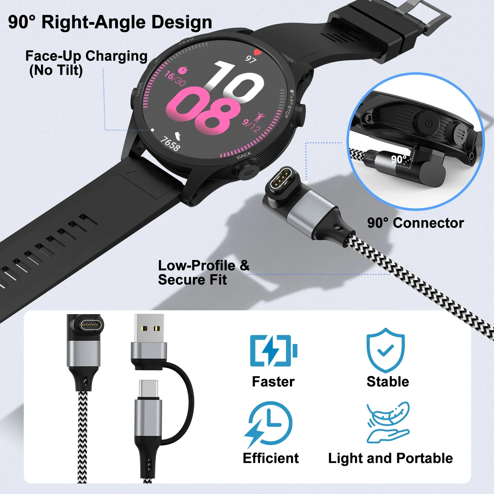 Nylon USB Type C Charging Cable For Garmin Fenix 8/E/7/6/6X/6S/5X/5 /5S Venu2/VenuSq2/3/3S Vivoactive4/4S/3 Approach S70/S62