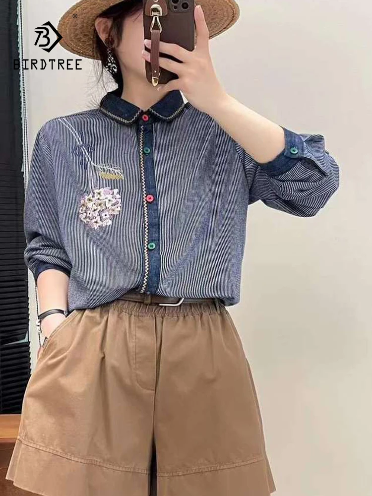 New Summer Cotton Long Sleeve Shirt, Women Lapel Embroidery Striped Top, Mori Girl Casual Vintage Loose Blouses, Autumn T47977QC