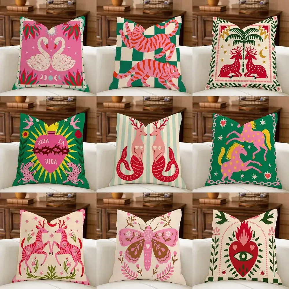 Green Pink  Animal art Cushion Cover Natural Breathable Durable Linen Printed Decor Pillow Case Sofa Bedroom