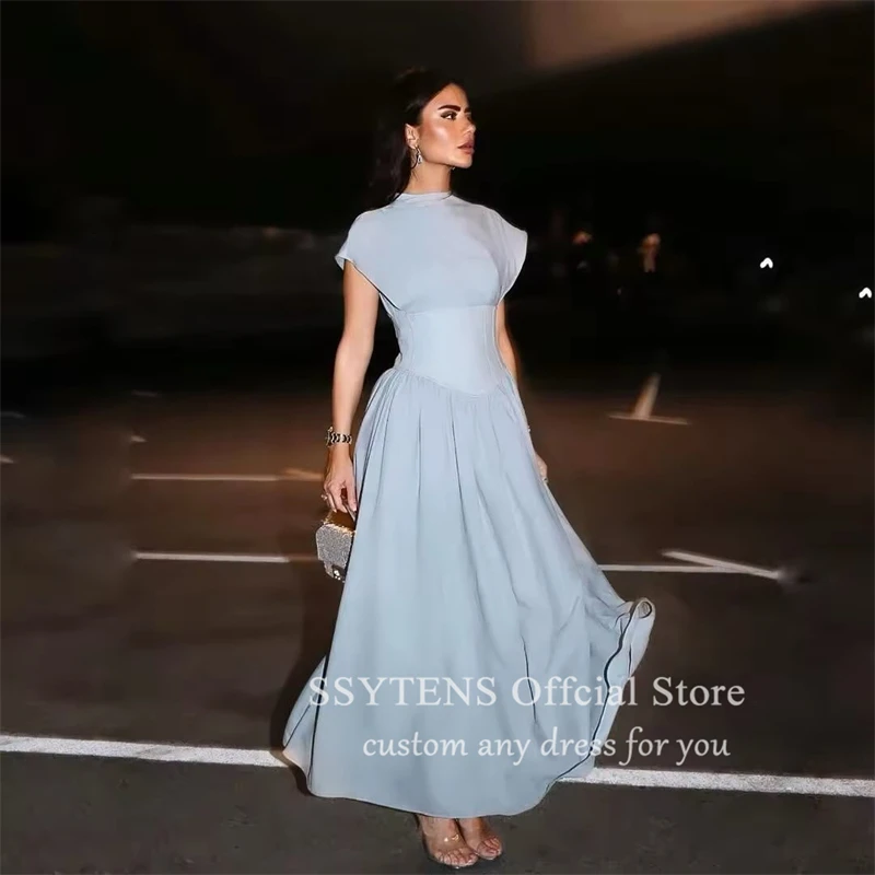 SSYTENS Elegant Dubai Evening Dresses O Neck Cap Sleeves Homecoming Prom Gowns Soft Satin Party Dresses Tea Length Abendkleider