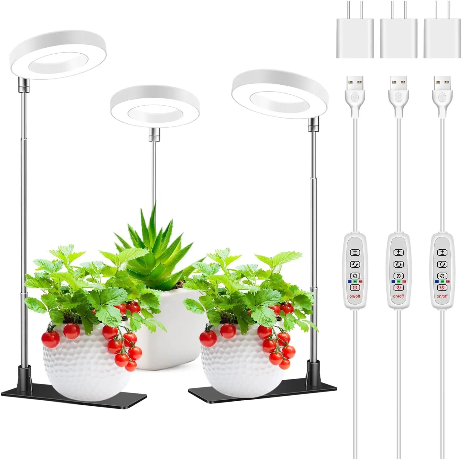 

Full Spectrum LED Grow Lights for Indoor Plants, Adjustable Height with Timer & Brightness Control, 3-Pack