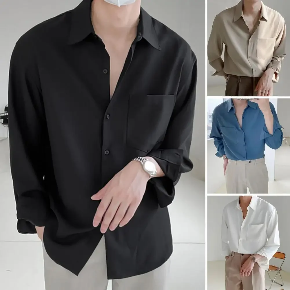 Casual Men Lapel Long Sleeve Single-breasted Patch Pocket Draped Men Shirt Slim Fit Solid Color Business Dress Shirt Top