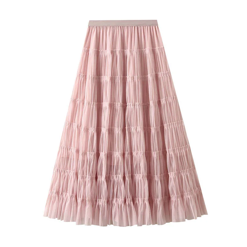 2026 Spring Autumn Women Elegant Pink Mesh Cake Skirt Korean Style High Waist Pleated Long Skirt