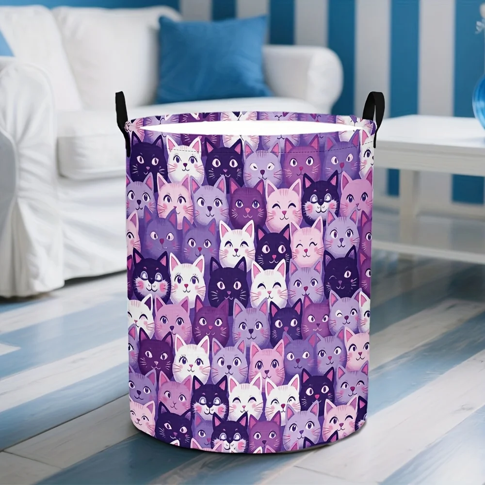 Large Round Foldable Laundry Hamper Basket with Cute Purple Pink White Black Tabby Print Heavy Duty Cloth-Like Clothes - view 3