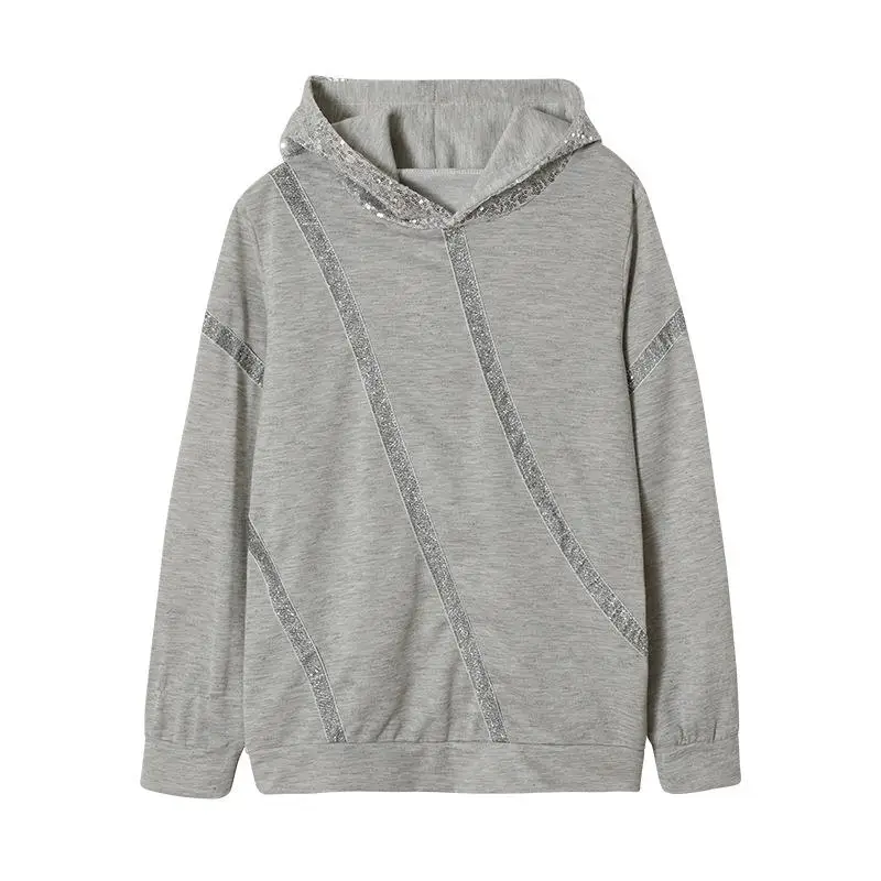 Inig – sweat-shirt à capuche à paillettes pour femme, Long, Sve, motif à rayures scintillantes, Fiber de Polyester, Streetwear décontracté