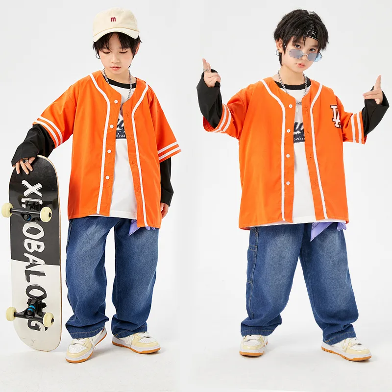 Roupas da moda infantil de dança de rua, roupas de beisebol infantis, conjunto de três peças, fantasia de performance de hip-hop para meninos e meninas