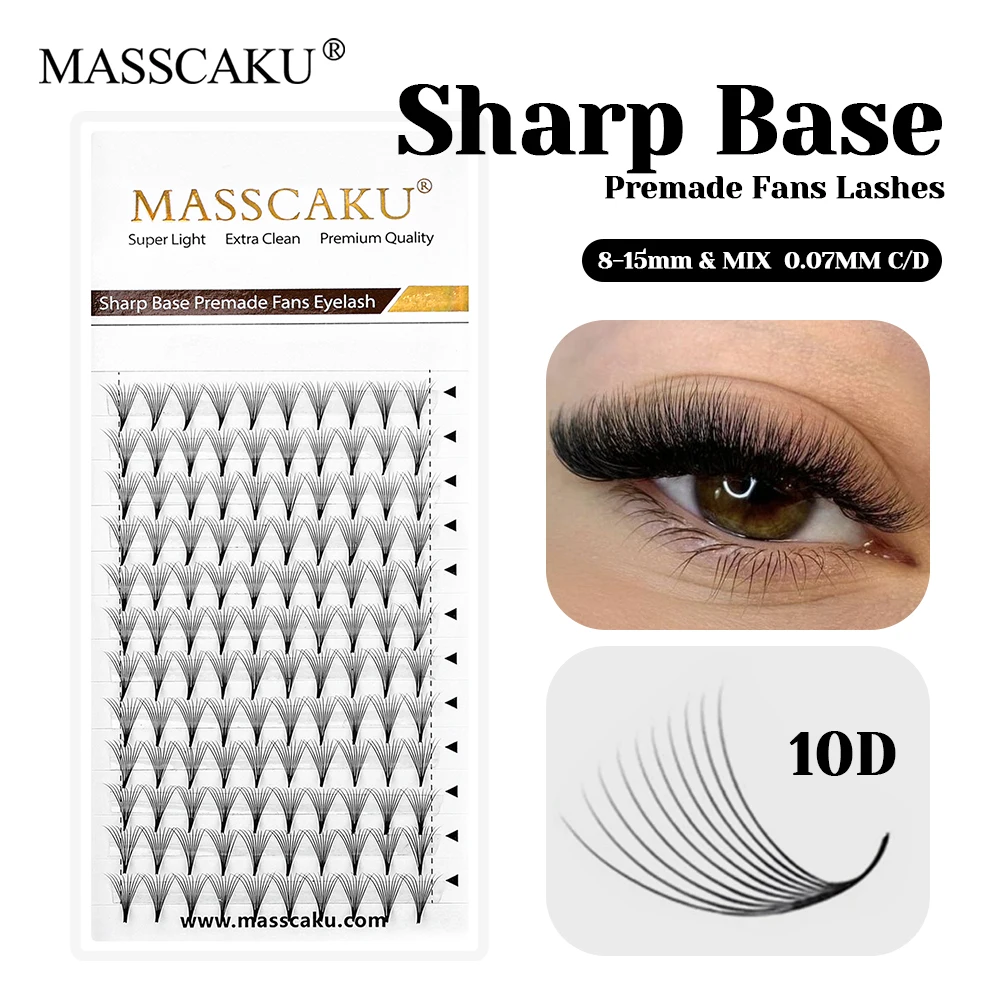 

12 Rows MASSCAKU 0.05/0.07mm Thickness Handmade 20D Sharp Narrow Stem Lash Fluffy Thin Pointy Sharp Base Premade Fans Lashes