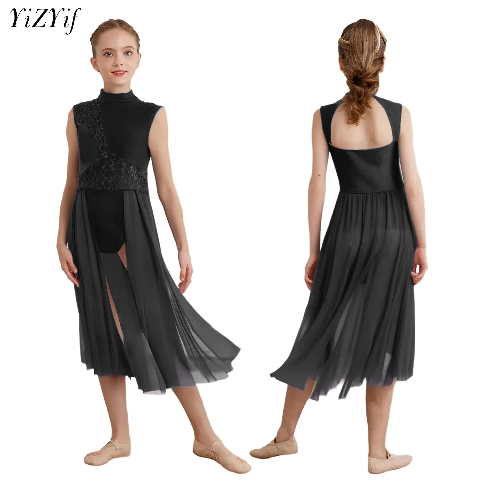 Girls Modern Lyrical Dance Dress Floral Lace Sleeveless Mesh Skirted Leotard for Ballet Figure Skating Gymnastics Performance