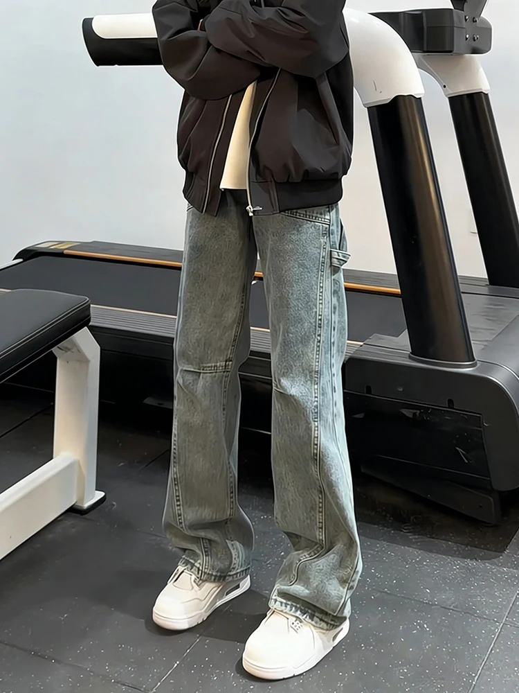 

Retro Blue Denim Jeans Men's Spring Design American Workwear Straight Leg Micro Flared Pants Low Waist Zipper Casual Wear