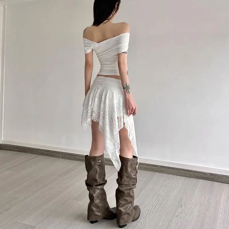 Summer 2025 Cross-Border Sle Women's Floral Decorated Lace Single oulder Top Asymmetrical  Skirt European Sle Vest