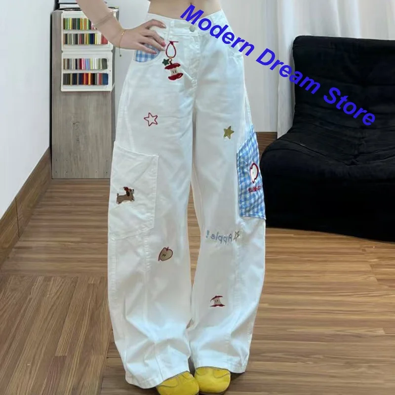 American cartoon embroidered puppy jeans women's spring and autumn new loose old washed wide-leg straight leisure overalls pants