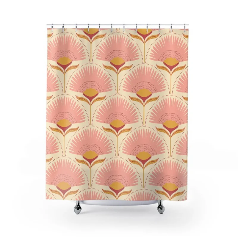 Art deco tenda da doccia Vintage bagno Decor giallo rosa tenda da doccia arte motivo floreale art nouveau bath decor gift