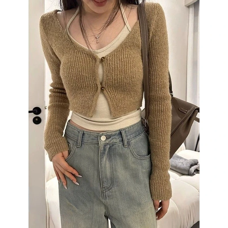 Long Sleeve Chic Fashion V Neck Knitted Women Cardigan + Slim Halter Sleeveless All Match Sexy Tanks New 2 Set Ropa Mujer