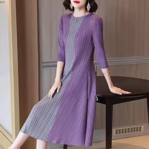 Miyake Beautiful Evening Dresses Pleated Women's Dress Simple Fashion Contrast Elastic Loose Cropped Sleeve tie Waist Dress