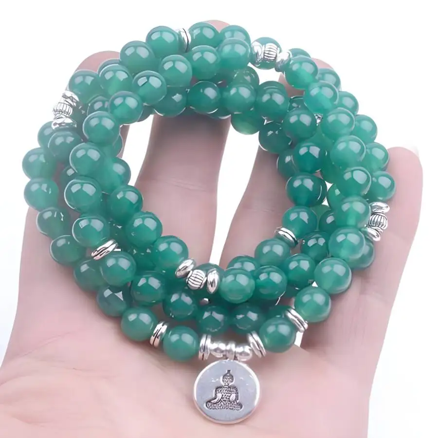 

8mm Natural Green onyx 108 Mala Necklace tassel Sacred Yoga Mala Buddhist Nirvana Gemstone elastic Prayer Stone Bead Zen Chaplet