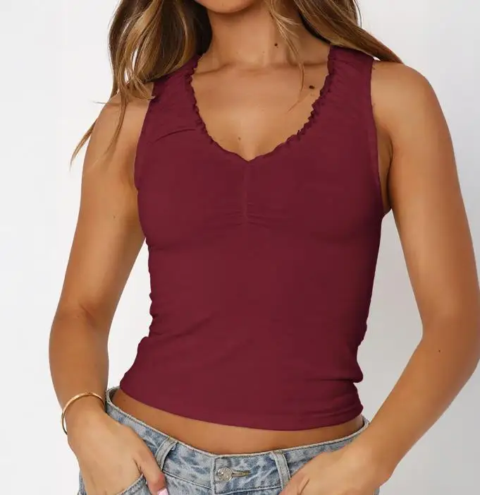 

Y2K Spicy Girl Style Lace Summer T-Shirt Vest Women's V-Neck Ruffled Collar Solid Color Casual Waist Sleeveless Vest Top