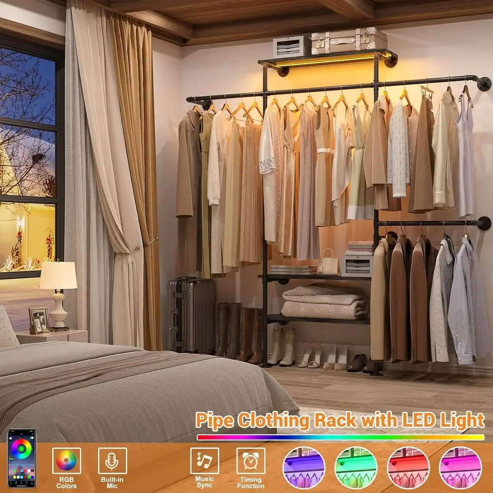 7.25FT Reversible Wall-Mounted Heavy Duty Clothes Rack with LED Lights and Shelves, Grey