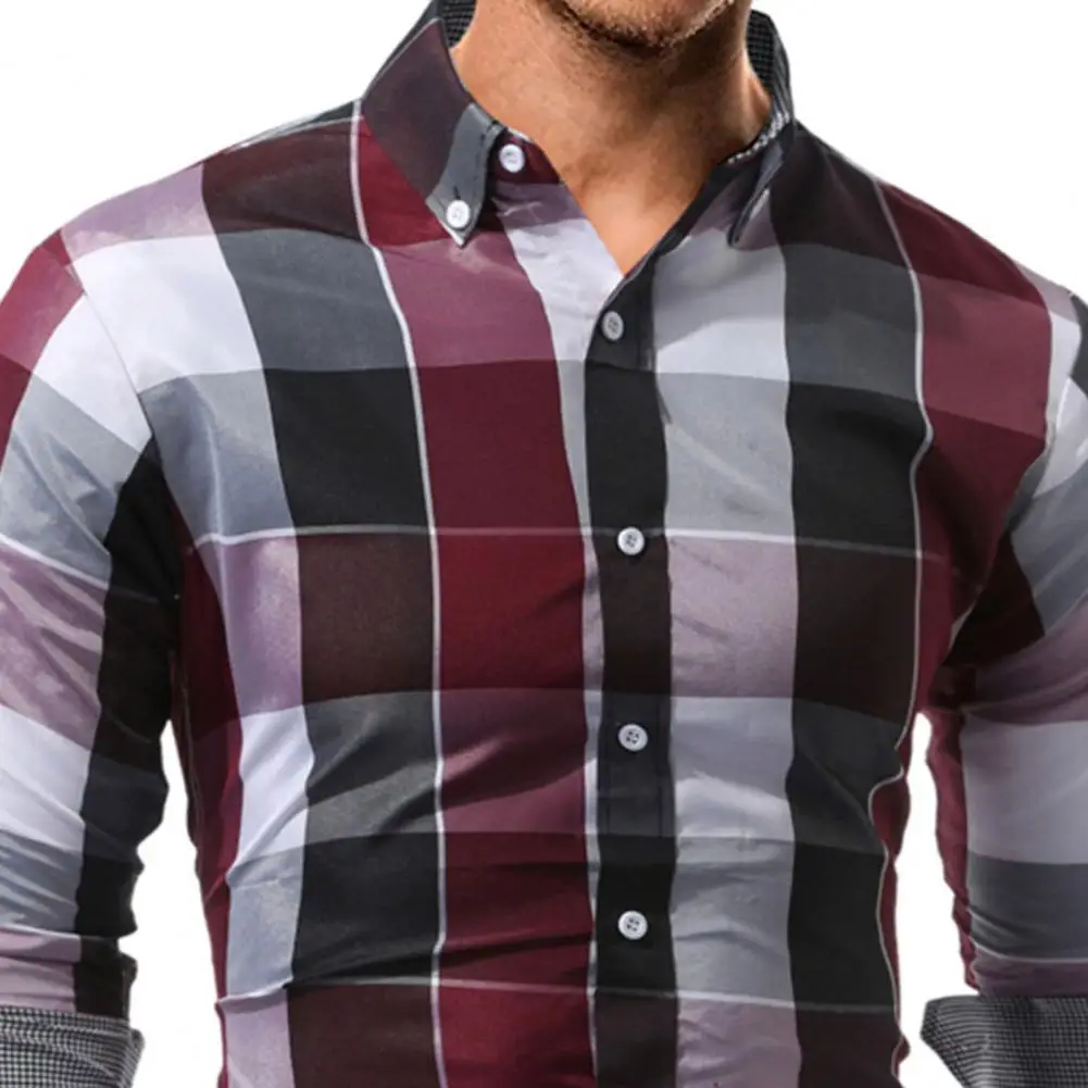 Spring Men\'s Plaid Long-Sleeved Casual Shirt Regular Fit Classic Single Breasted Turn-down Collar Top For Work