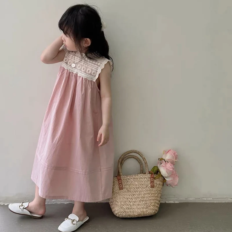 1-6Yrs Girls Pink Dress Summer New Children Clothing Fashionable Girls Lace Collar Sweet Sleeveless Casual Dress Korean Style