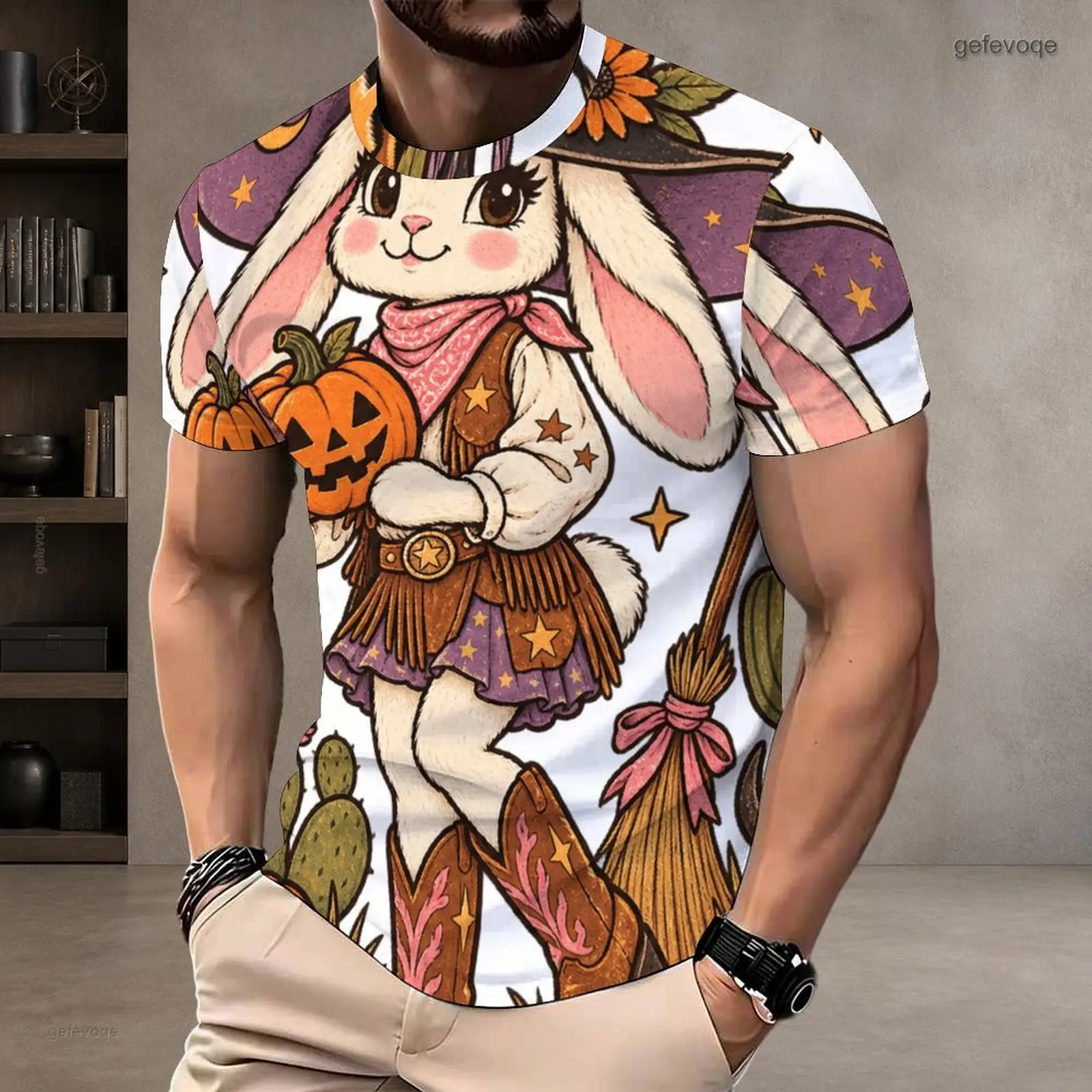 Men Printed Short Sleeve Round Neck T-Shirt, Cute Cartoon Halloween Ghost Pumpkin Bat Star Leaf Pattern White Top
