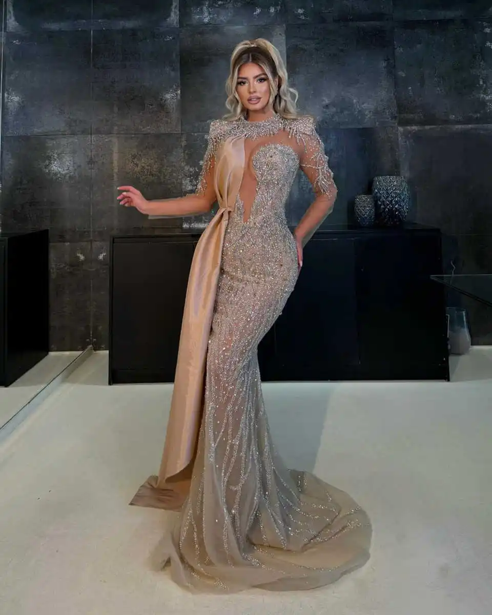 Gorgeous Evening Dresses For Women Sequins Appliques Gown High Neck Long Sleeves Sweep Train Customized Dress Party Prom