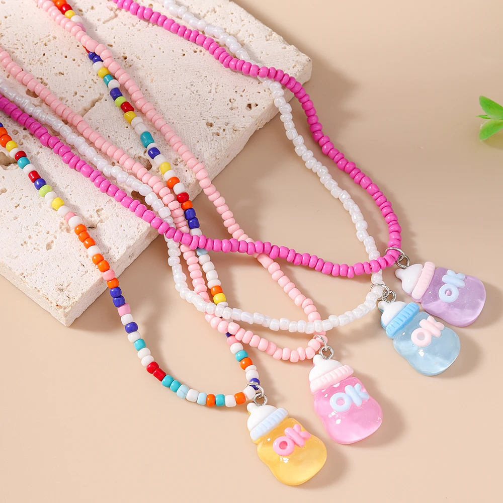4pcs/set Cute Feeding Bottle Pendant Necklace for Women Girls Colorful Beads Necklace Kid's Party Birthday Jewelry Gift