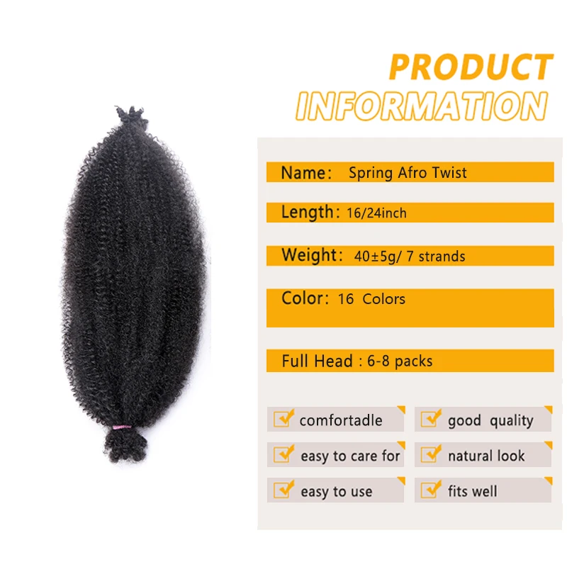 Extensions Capillaires Synthétiques Afro Twist pour Femme, Tresses Marley Pré-Mathiées, Crochet, Noir, Doux, Printemps