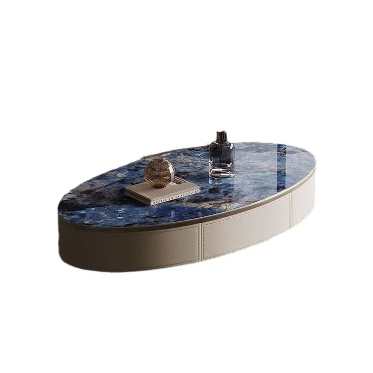 

Italian minimalist rock slab coffee table oval living room home light luxury premium saddle leather oval coffee table FS @