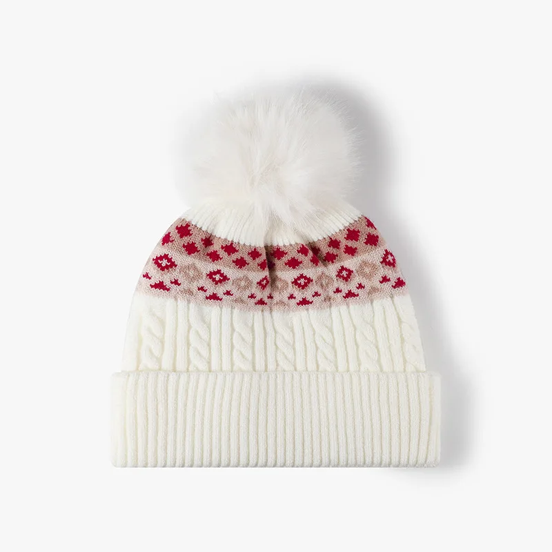 Double Lined Fair Isle Cable Knit Beanie for Women Faux Fur Pom Pom Warm Winter Cuffed Knitted Hat