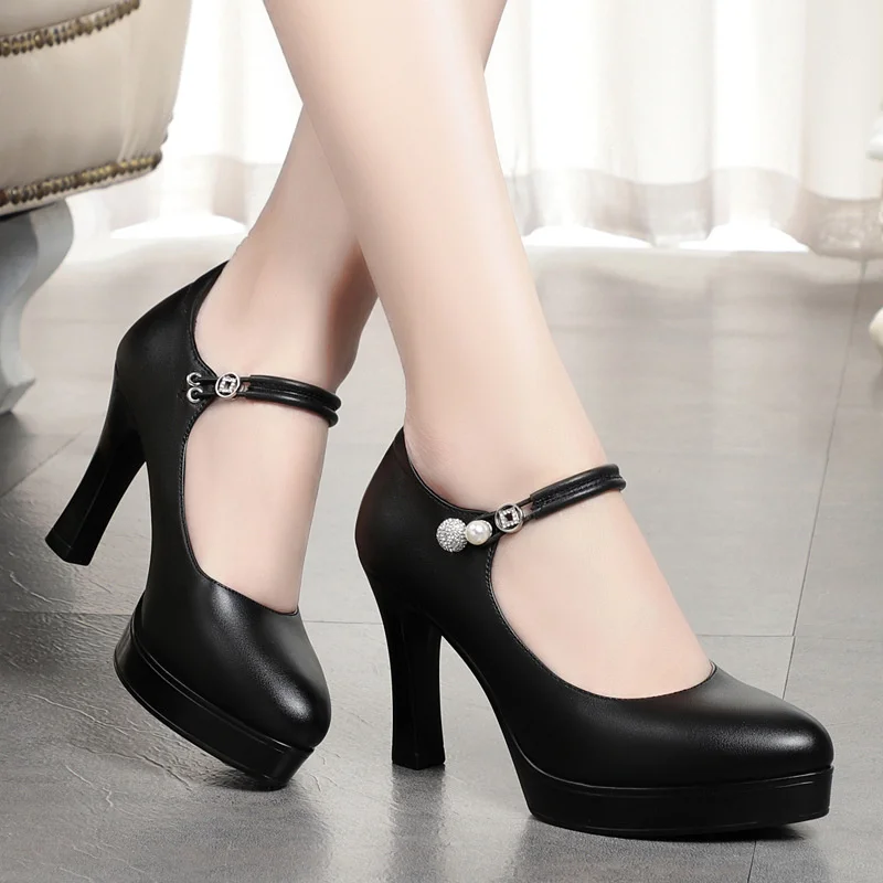 Elegant Comfort Shallow Soft Leather Shoes Women Mary Jane Spring Block High Heels Office Shoes Platform Pumps