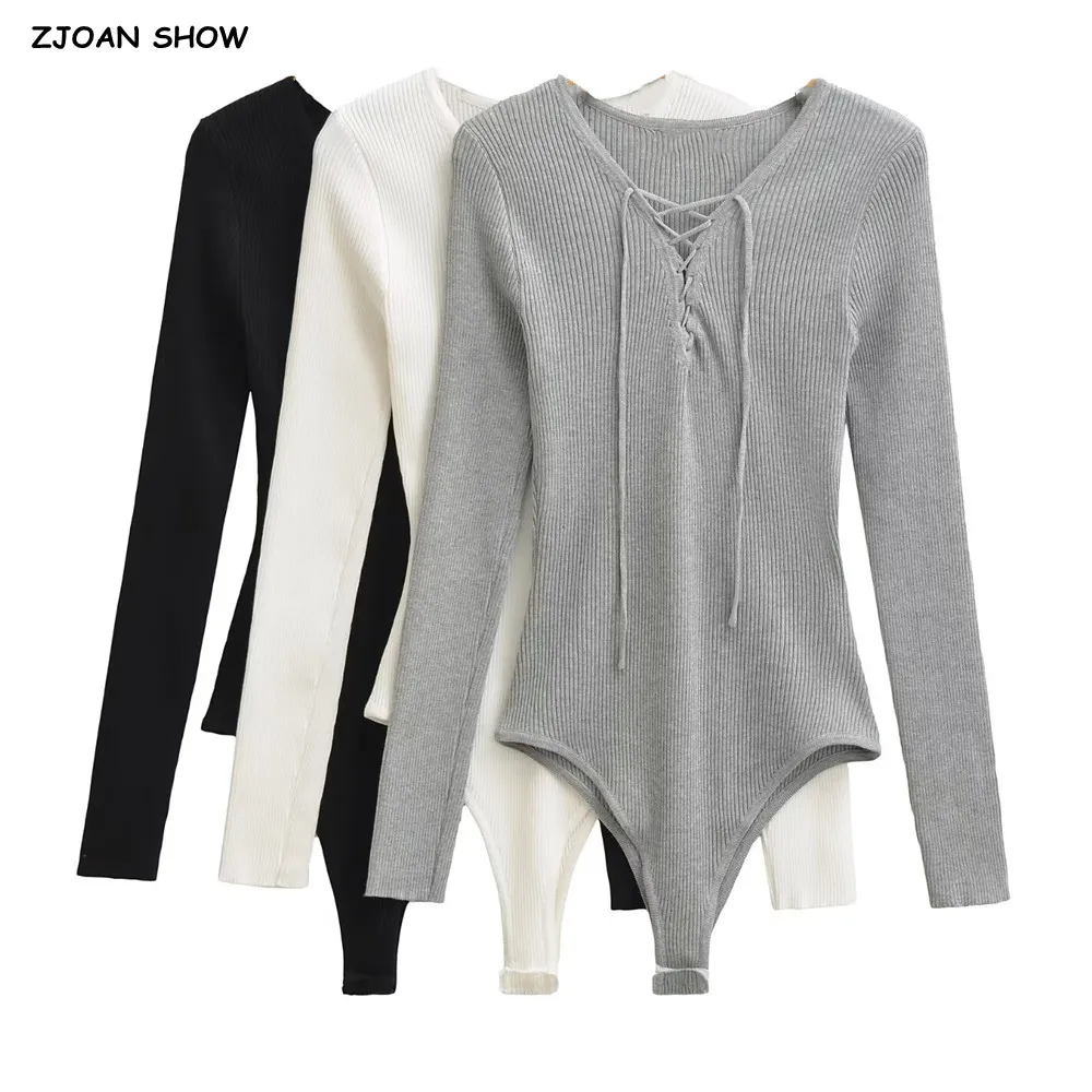 

Винтажный бант с перекрестной повязкой на шнуровке с v-образным вырезом в рубчик, вязаное боди с длинными рукавами, женский короткий комбинезон с тонкой талией, комбинезоны для игр