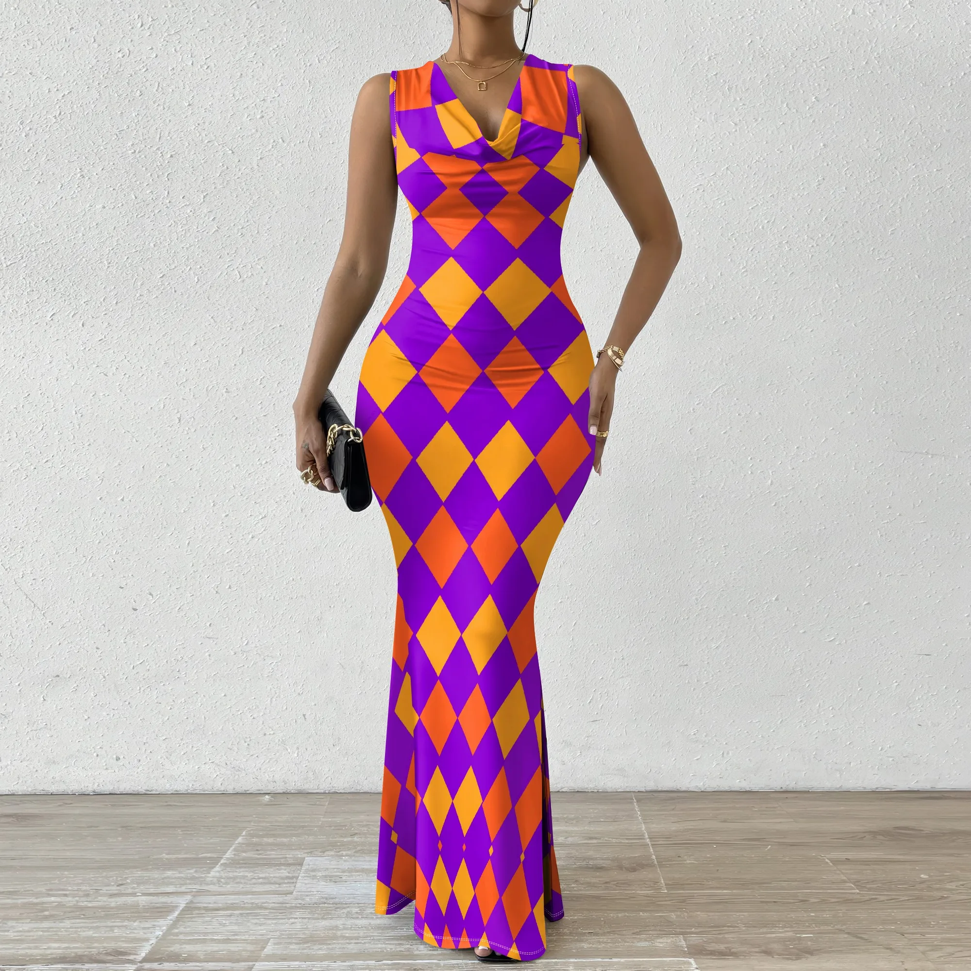 

New Arrival Women's Diamond Pattern Maxi Dress V-Neck Bodycon Halter Party Dress 2025 Holiday Clubwear Dress XS-2XL