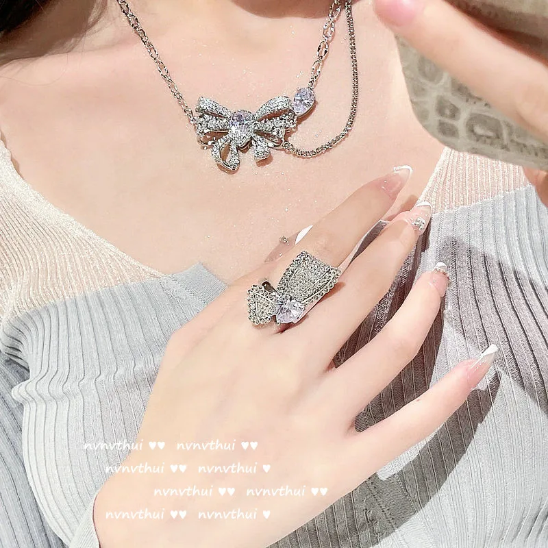 

Bowknot Necklace For Women Shine White Cubic Zirconia Pendant Ring Earring Party Accessories Wedding Engagement Fine Jewelry