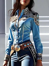 Elegant Chic Women Tops Western Print Shirt Collar Buttons Long Sleeve Blouse Patchwork Slim Waist Office Lady Shirts Blouses