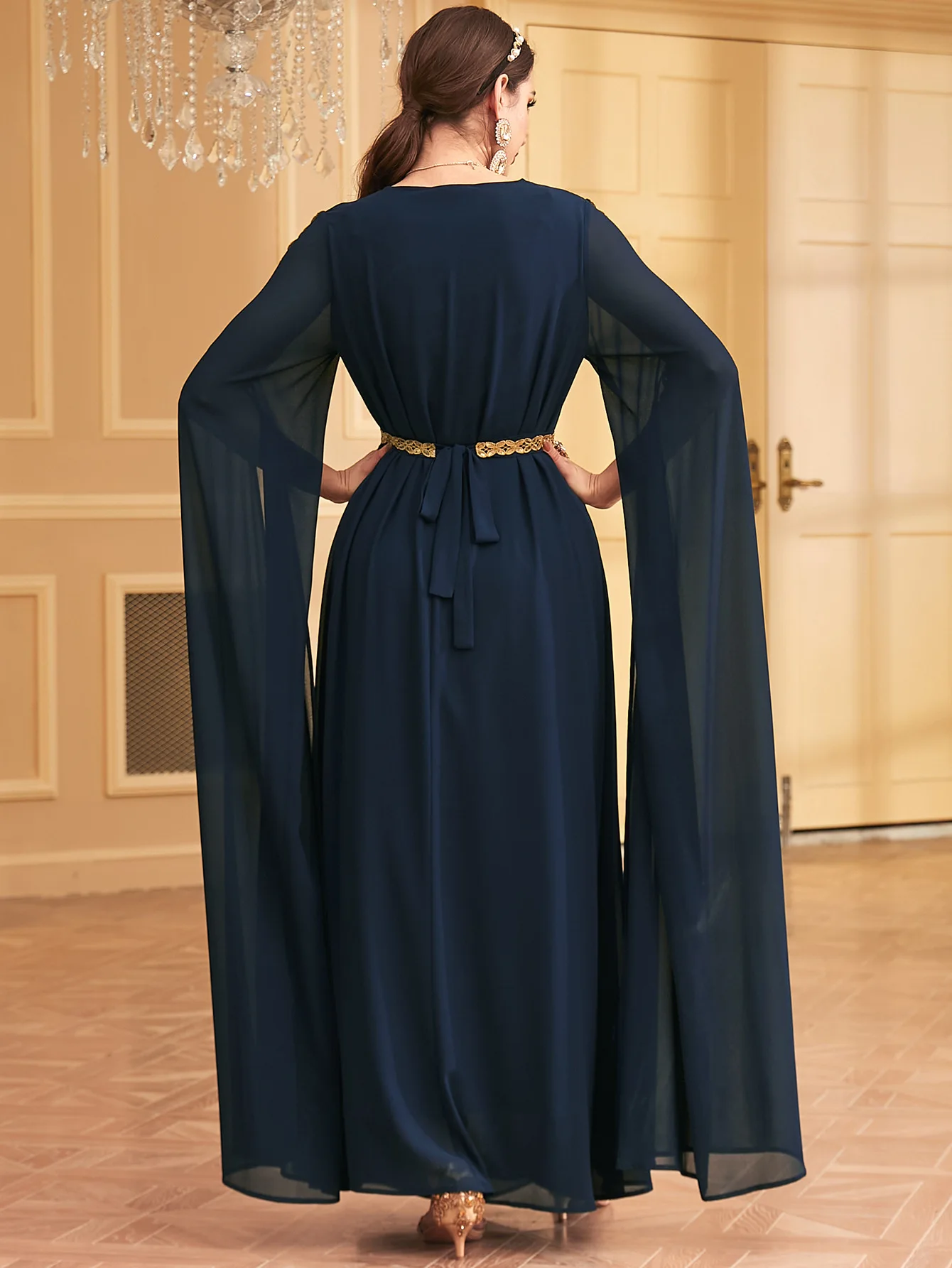 UNI-vestido de noche musulmán para mujer, elegante vestido de gasa con bordado de fiesta, cinta ancha, Abaya con cinturón, caftán marroquí, caftán de Dubái