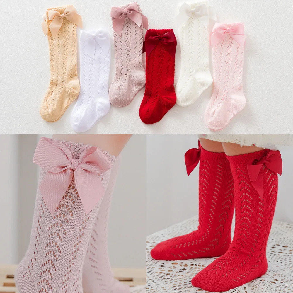 Summer Baby Girls Socks Toddlers Bow Long Sock Kids Knee High Soft Cotton Mesh Spanish Children Breathable Socks For 0-5 Years