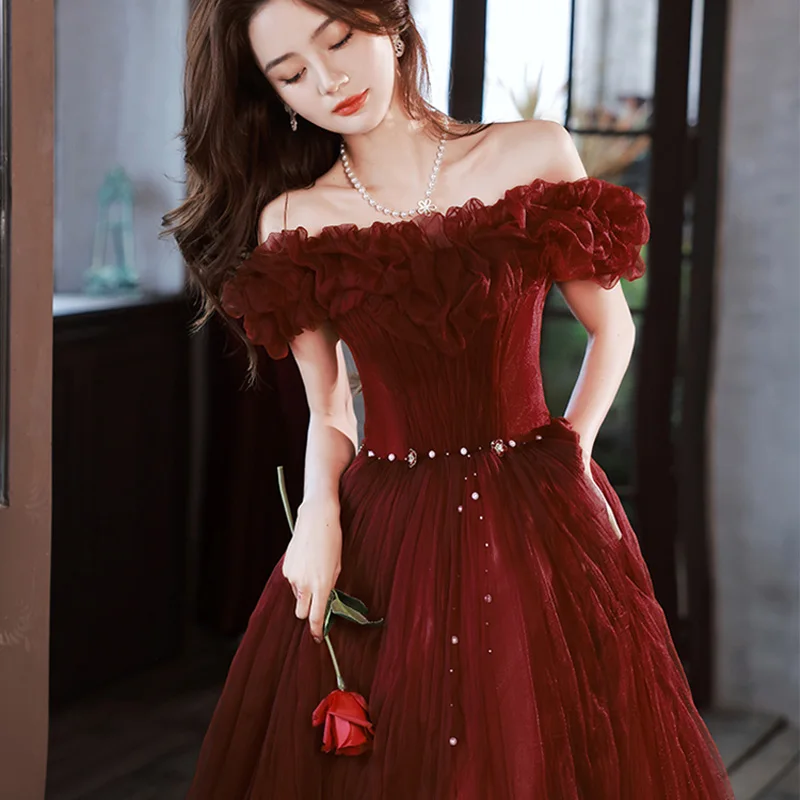 It\'s Yiiya Evening Dresses Burgundy Tulle Off the Shoulder Short Sleeve A-Line Floor-length Plus size Women Party Formal Gowns