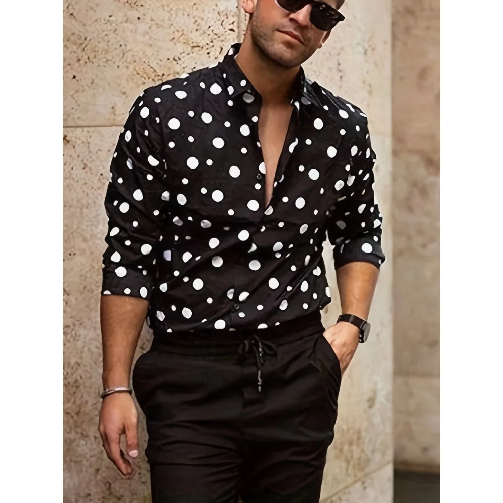 

Ретро-стиль Old Money Tone Черная Повседневная рубашка в горошек с длинными рукавами на пуговицах Мужская осенняя повседневная универсальная роскошная мужская рубашка