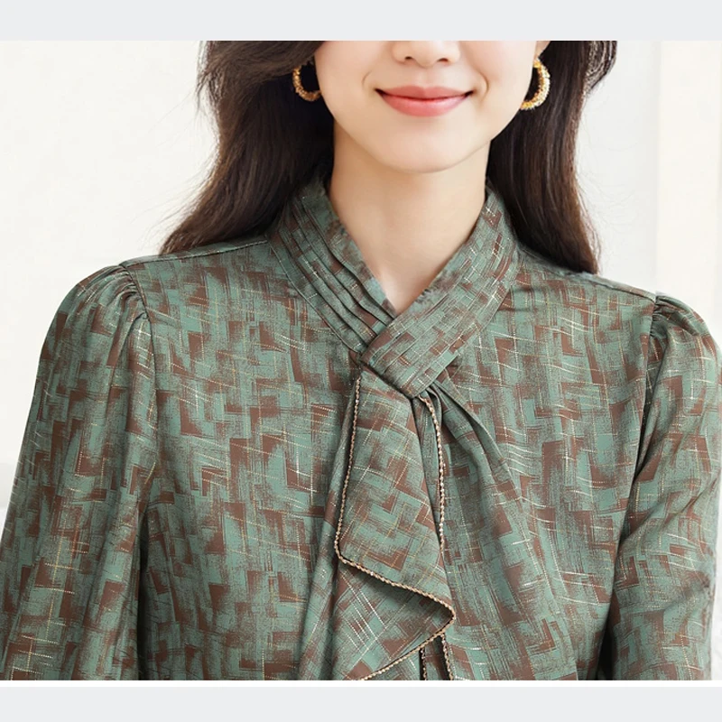 Elenagt Gedrukt Dames Office Shirts Mode Trui Sjaal Hals Commuter Blouses Vrouwen Tops Hoge Kwaliteit Kleding Femme