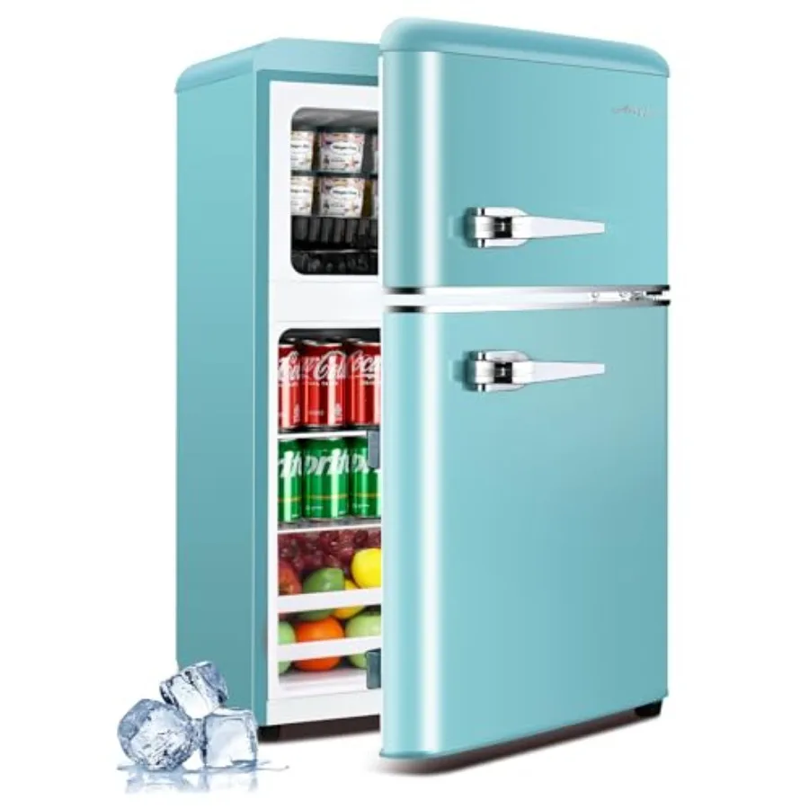 Réfrigérateur rétro à double porte de 3,2 pi3, avec congélateur pour espaces compacts, y compris pour dortoir, bureau, chambre à coucher et appartement