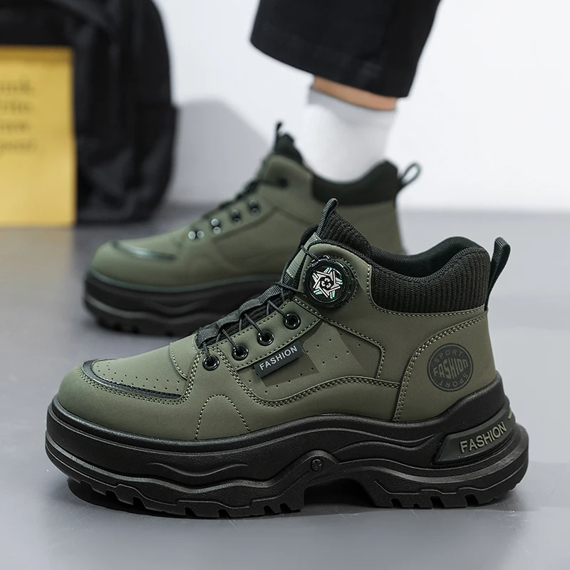 Rotary Buckle Design Motorcycle Boots For Men British Style Platform Men's Ankle Boots High Top Bikers Boots Man botas hombre
