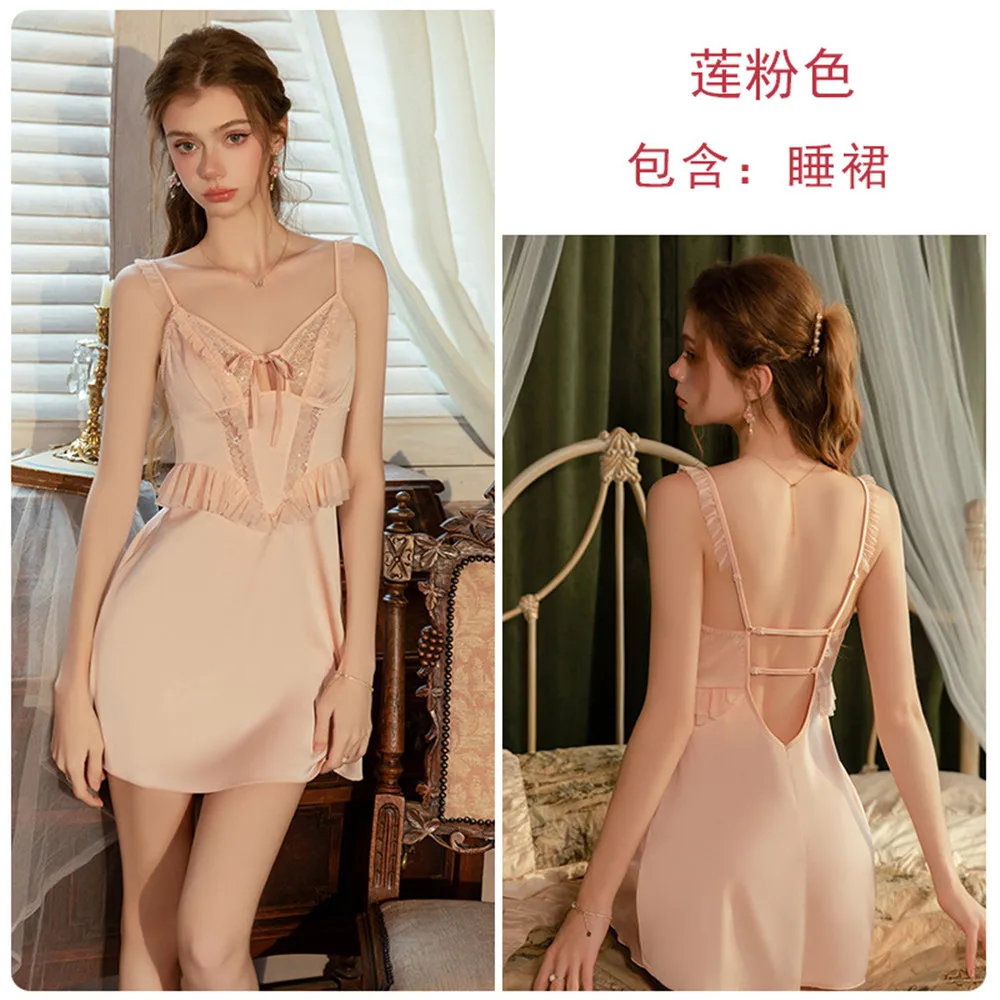 Pink Lace Robe Set Women Summer Sleepwear Kimono Bathrobe Gown Casual Sleep Suit Sexy Home Dress 5