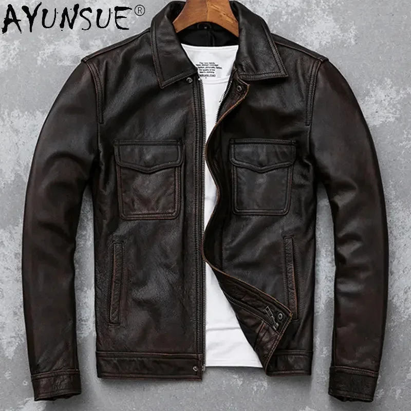 Autumn AYUNSUE Genuine Cow Leather Jacket Vintage Short Slim Motorcycle Jackets Head Layer Cowhide Coats Lapel Clothes Abrigos