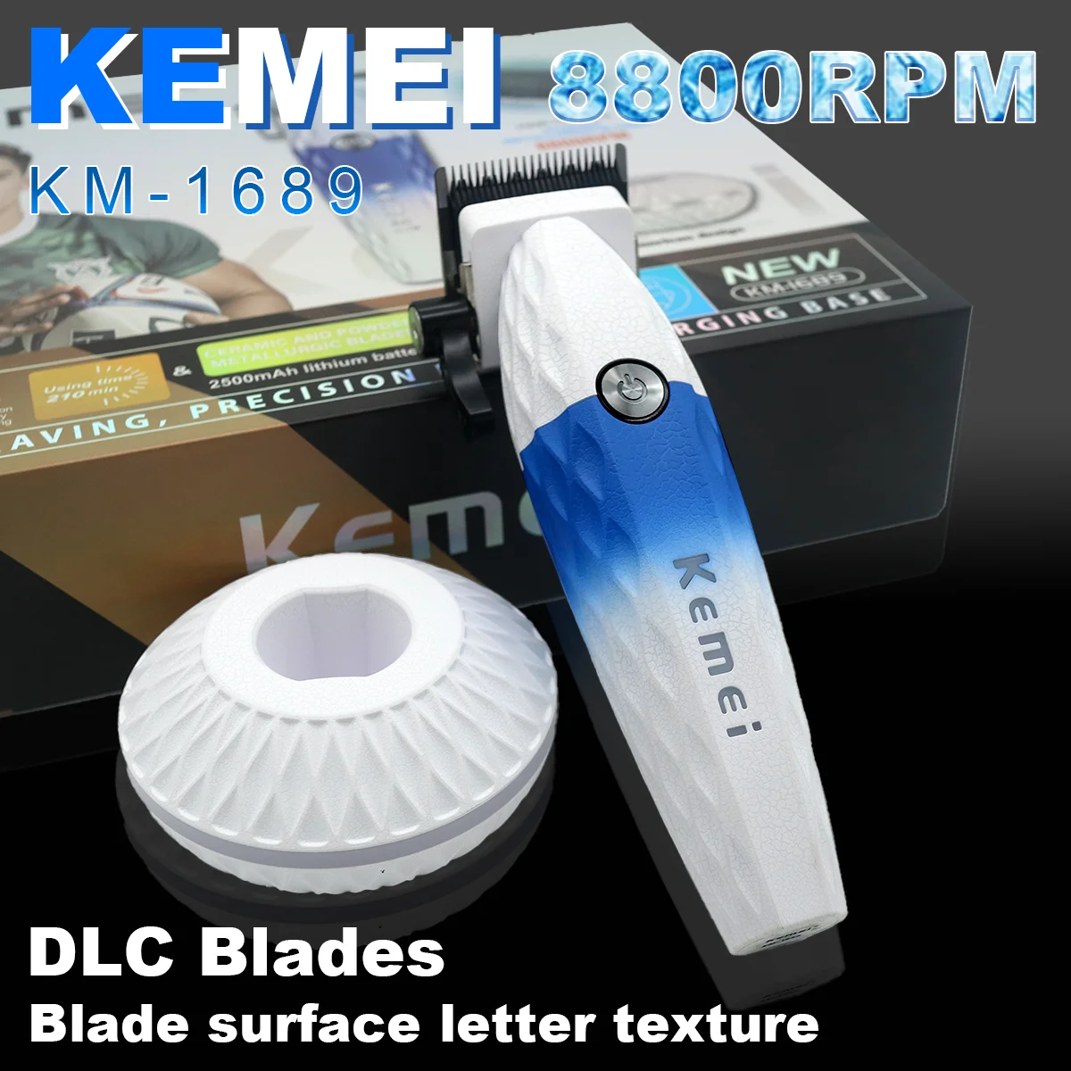 

KEMEI KM-1689 Professional Hair Clipper with DLC Blade 8800RPM 2500mhA with Base Charger Hair Cutting Machine for Men