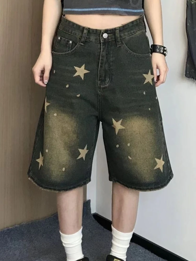 Sommer Blue Star Denim Shorts 90er Jahre ästhetische knielange Jeans Shorts Frauen 2000s Vintage Y2k Cowboy kurze Hosen Harajuku Kleidung