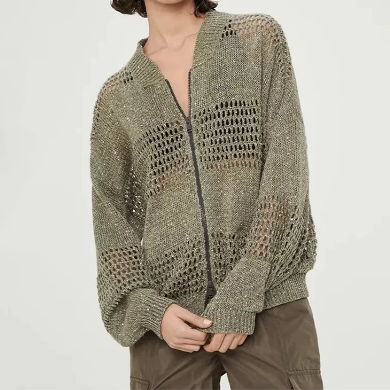 

Autumn new women's round neck linen blended sequin hollow knitted cardigan y2k high-quality fashionable simple casual jacket
