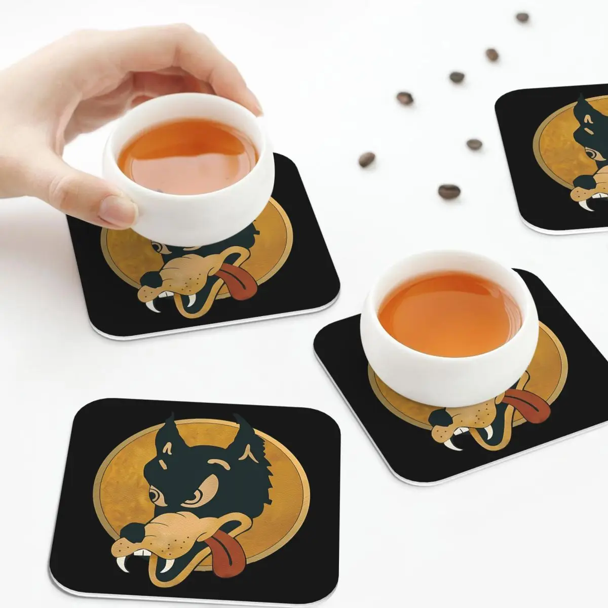 

Кожаные подставки с волком, изоляционные кофейные коврики для дома, кухни, обеденные подушечки, набор из 4 шт.