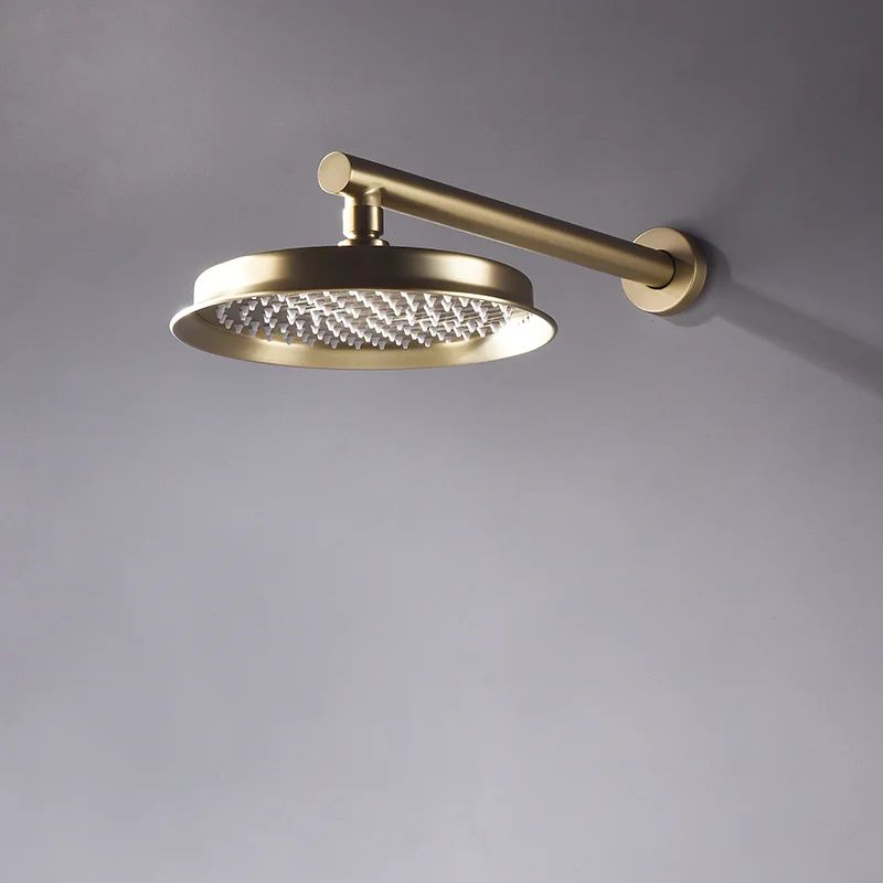Brushed Gold Round 9 Inch Stainless Steel High Pressure Rain Shower Head Wall Mounted Shower Arm Bathroom Accessories