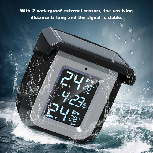 Imagen 2 del producto Detector de presión de neumáticos Solar para motocicleta, sistema de monitoreo de presión de neumáticos inalámbrico, impermeable con 2 sensores externos