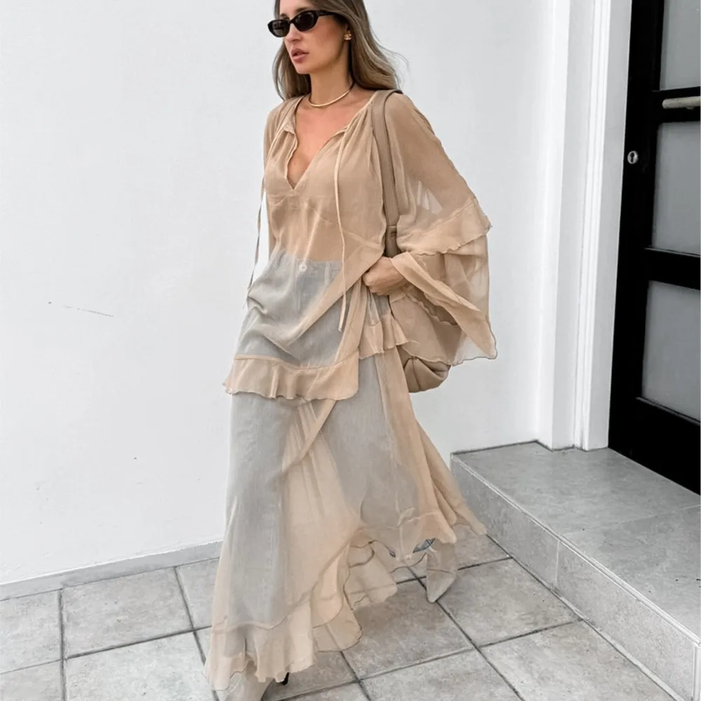 

Fashionable Long Dress Solid Color Loose Casual Summer Resort Style Ruffled Bat Sleeves See-through Dress V-neck Tie A Dresses